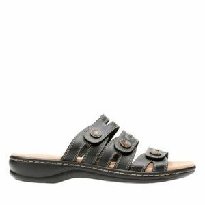 CLARKS WOMENS LEISA LAKIA BLACK LEATHER SLIDE SANDAL BOX INLUDED